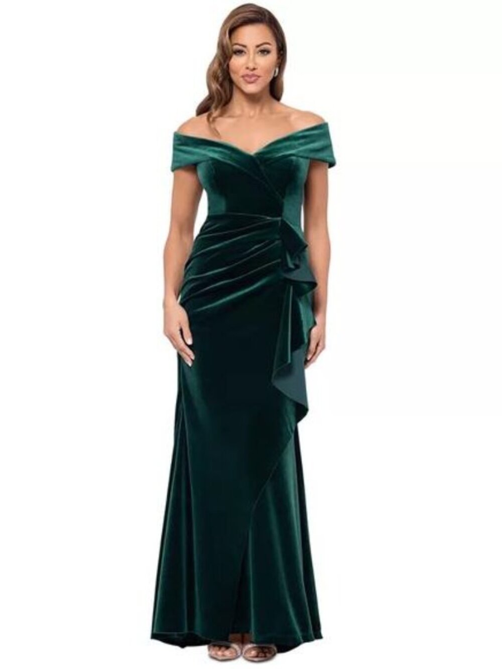 Xscape Hunter Green Ruffle Off the Shoulder Stretch Velvet Gown